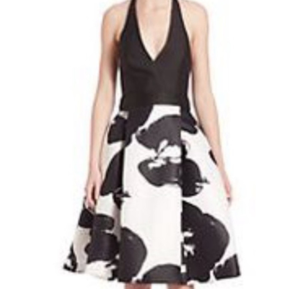 Halston Heritage Black and White Floral Backless Halter Dress